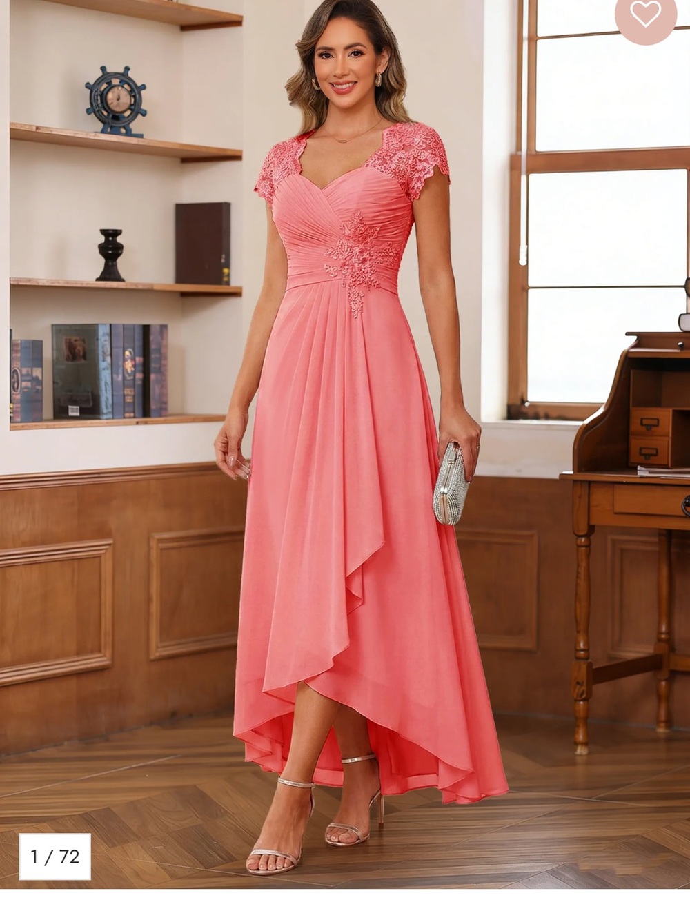 Cap-Sleeve Coral A-Line Wedding Guest Dress with Lace Bodice